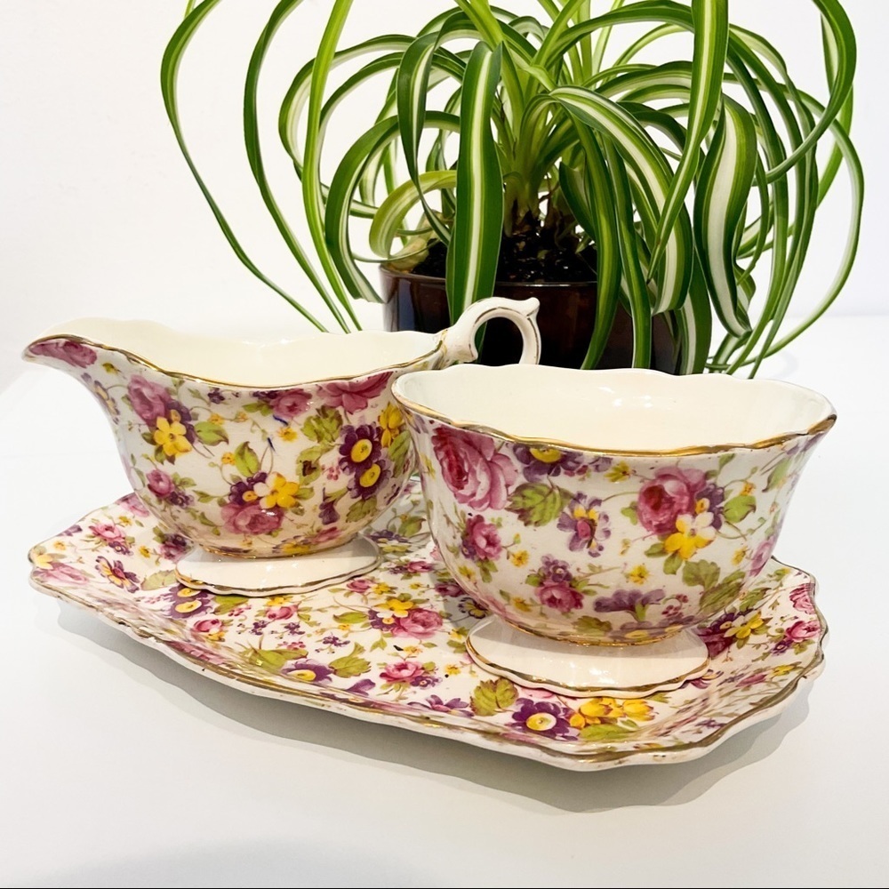 ANTIQUE James Kent Ltd. Longton Rapture Bone China Sugar & Creamer Floral Set